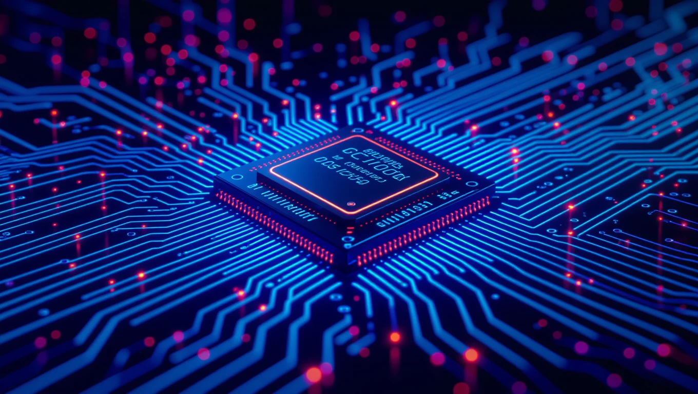 Detailný pohľad na čip s elektronickými obvodmi a LED svetlami.