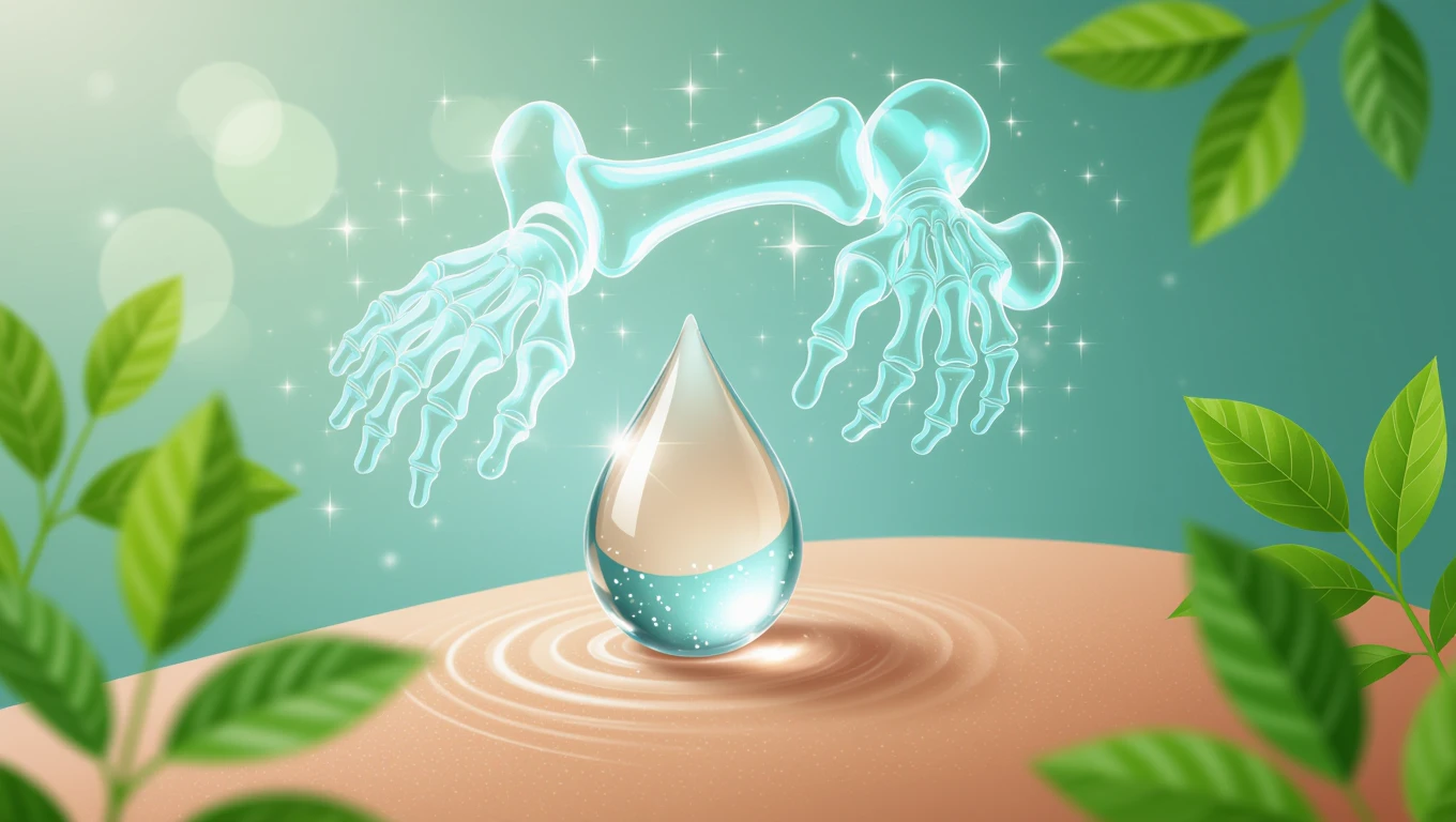 Ilustrácia kvapky vody s kostnými rukami, symbolizujúcimi hydratáciu a zdravie kĺbov.
