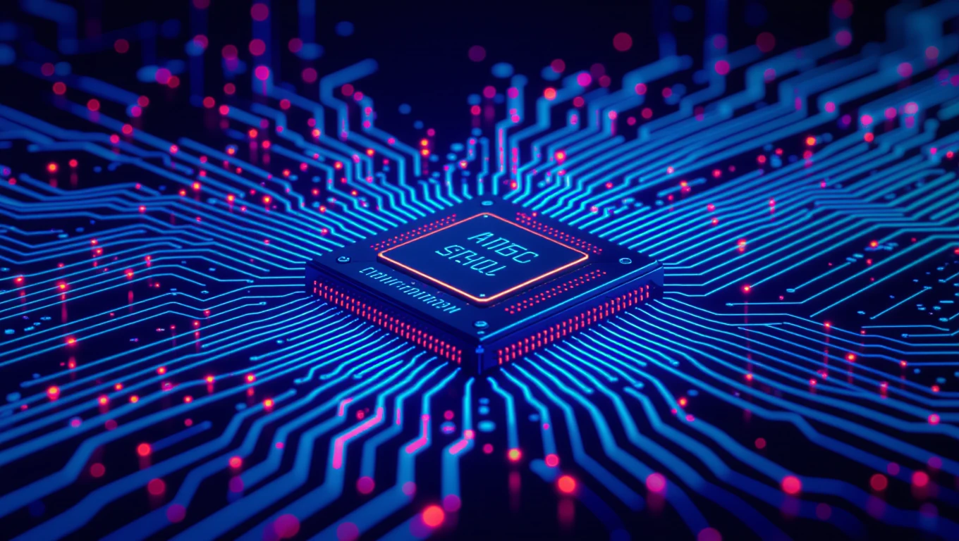 Moderný čip s modrými a červenými obvodmi, symbolizujúci technológie AI.