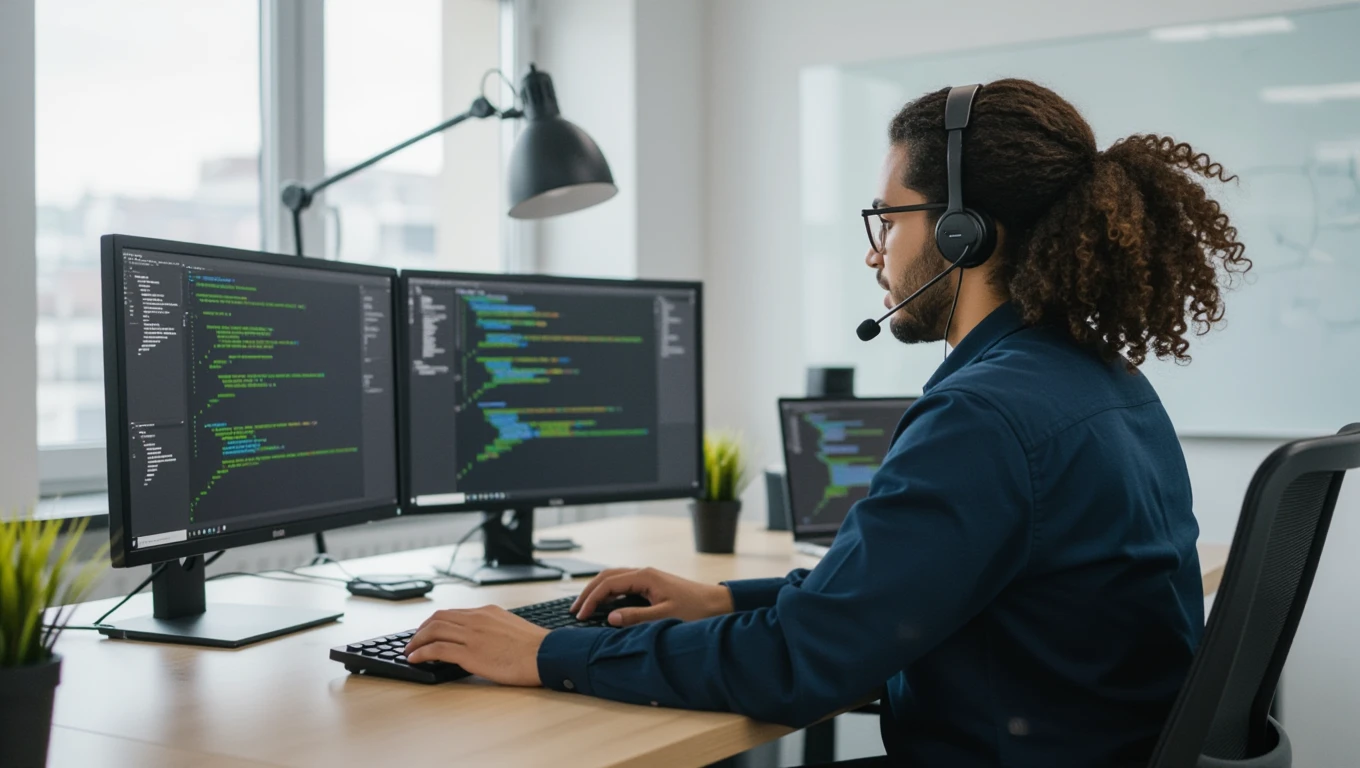 Programátor pracuje na dvoch monitoroch s kódom v modernom kancelárskom prostredí.