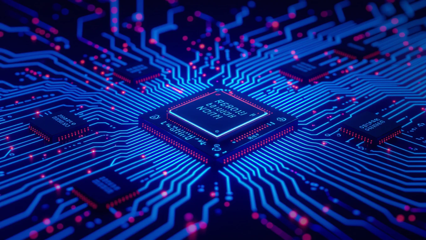 Detailný pohľad na elektronický obvod s modrými a červenými LED diódami.