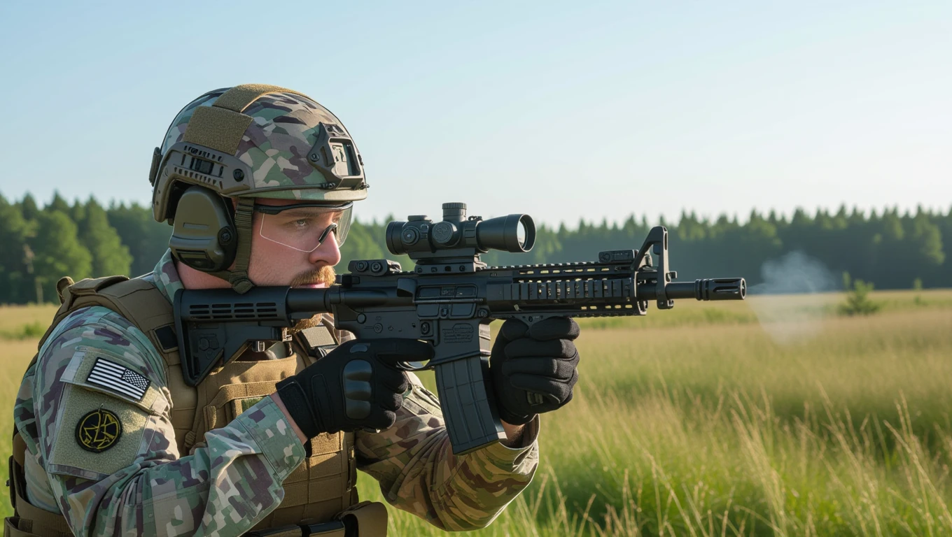 Muž v maskáčovom oblečení s plynovou airsoftovou zbraňou na strelnici.
