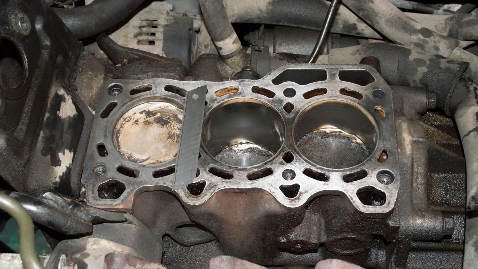 Detail trojvalcového motora s viditeľnými valcami a tesnením.