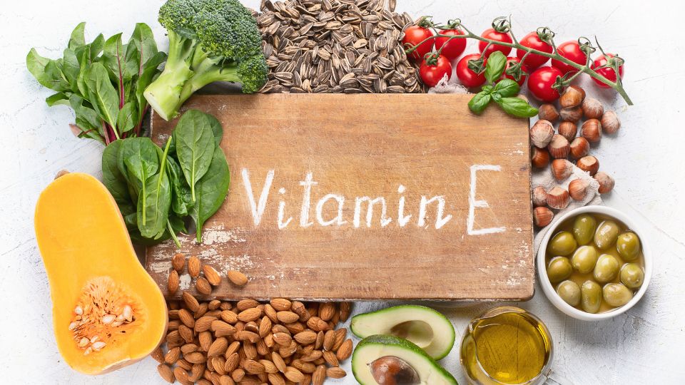 Rôzne potraviny bohaté na vitamín E, vrátane orechov a zeleniny.