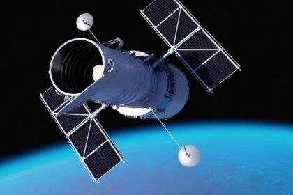 Teleskop Kepler vo vesmíre, s modrou planétou v pozadí.