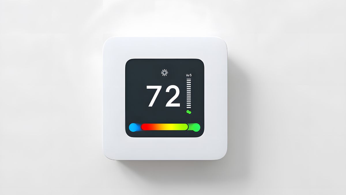Digitálny bimetalový termostat s teplotou 72 °F a farebným indikátorom.