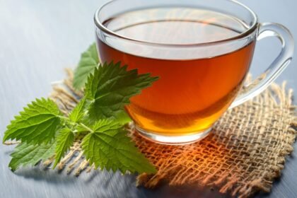 Šálka čakankového čaju s čerstvými listami na jutovom podklade.