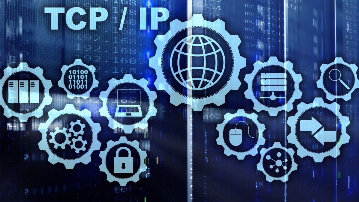 Grafika znázorňujúca TCP/IP protokoly a ich komponenty, ako sú servery a zabezpečenie.