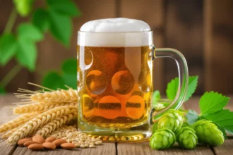 Pohár piva s penou, obklopený obilninami a chmeľom na drevenom stole.