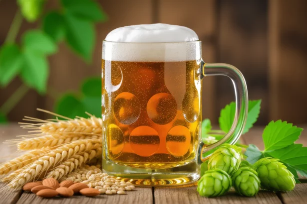 Pohár piva s penou, obklopený obilninami a chmeľom na drevenom stole.