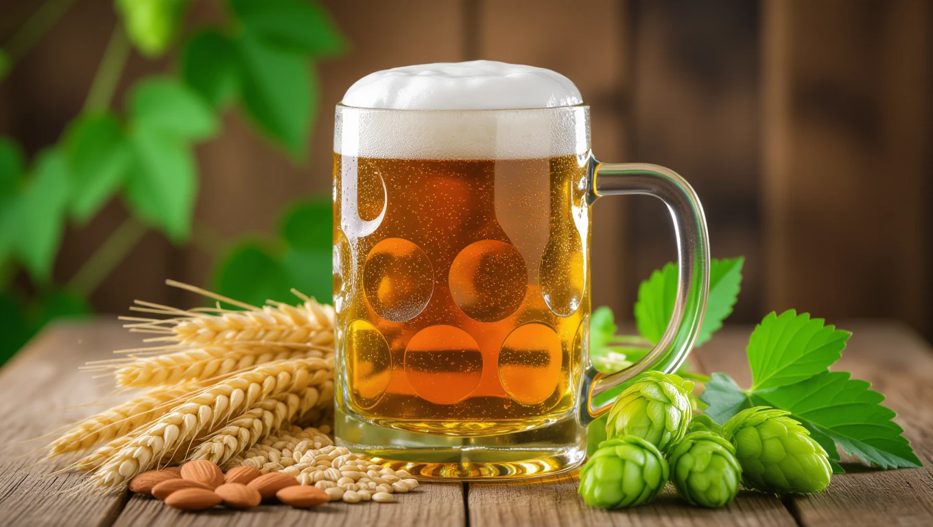 Pohár piva s penou, obklopený obilninami a chmeľom na drevenom stole.