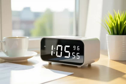 Rádiom riadené hodiny na stole vedľa šálky kávy a rastliny.