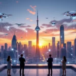 Mestská panoráma s dronmi a technológiou 5G pri západe slnka.
