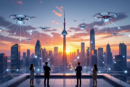 Mestská panoráma s dronmi a technológiou 5G pri západe slnka.