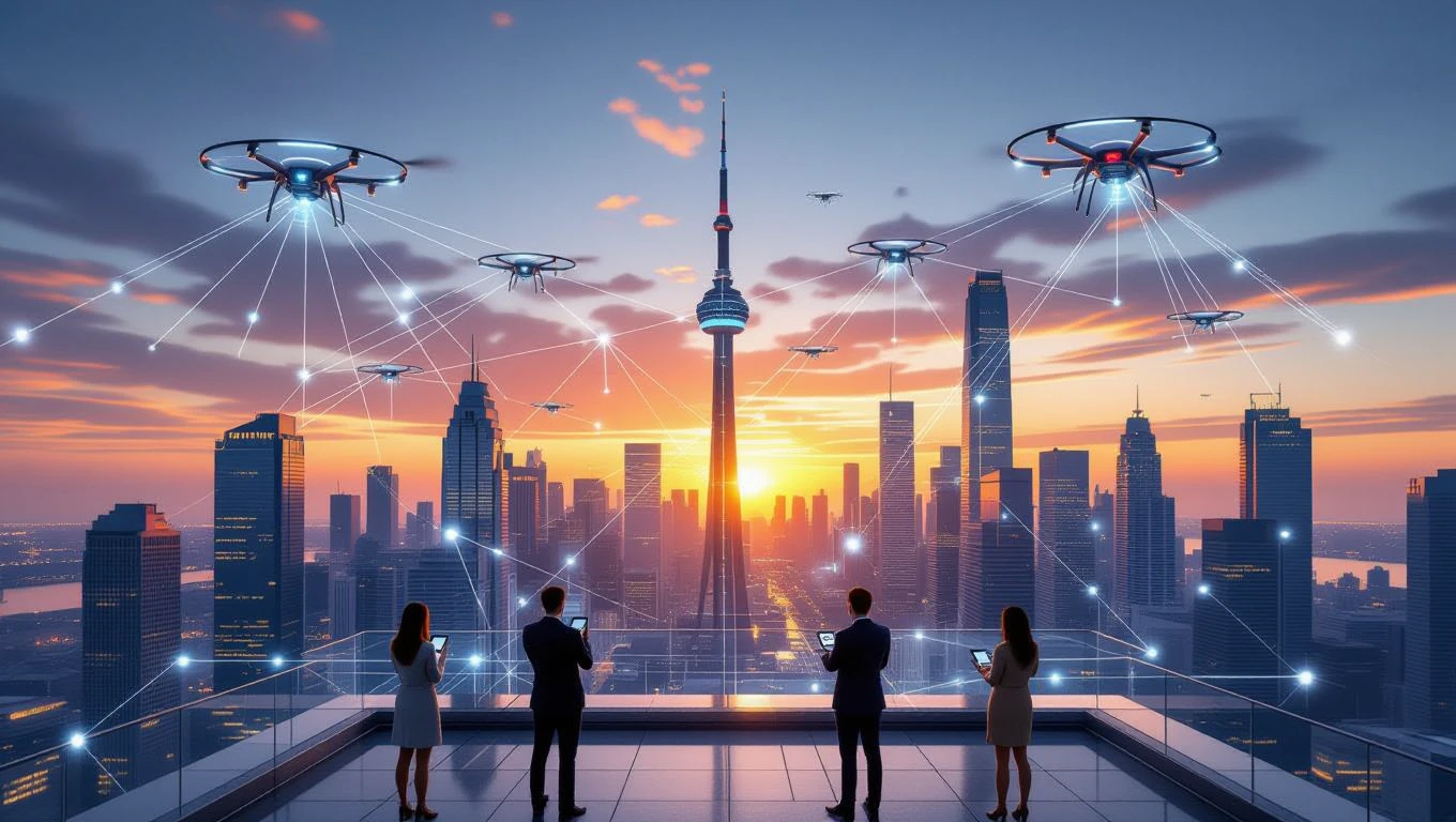 Mestská panoráma s dronmi a technológiou 5G pri západe slnka.