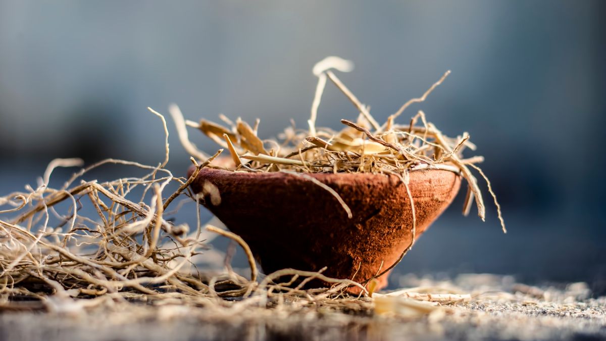 Hlinená miska s vetiverovými koreňmi, symbolizujúca prírodné wellness.