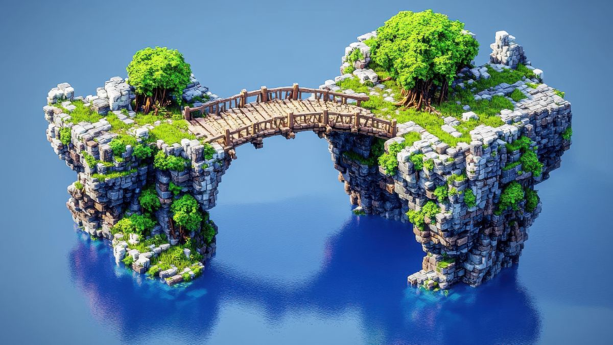 Kreatívna krajina v Minecraft s mostom a stromami na ostrove.