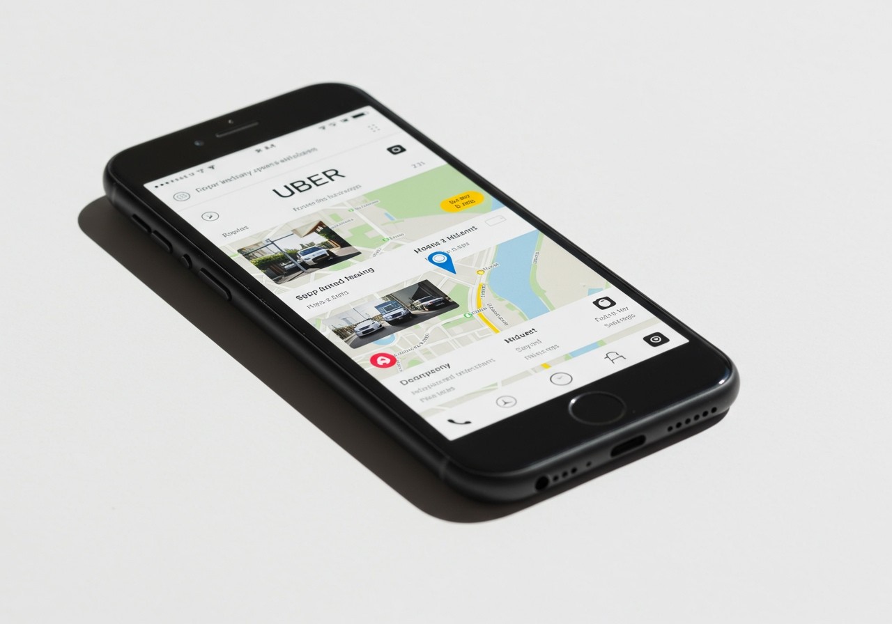 Mobilný telefón zobrazuje aplikáciu Uber s mapou a dostupnými vozidlami.