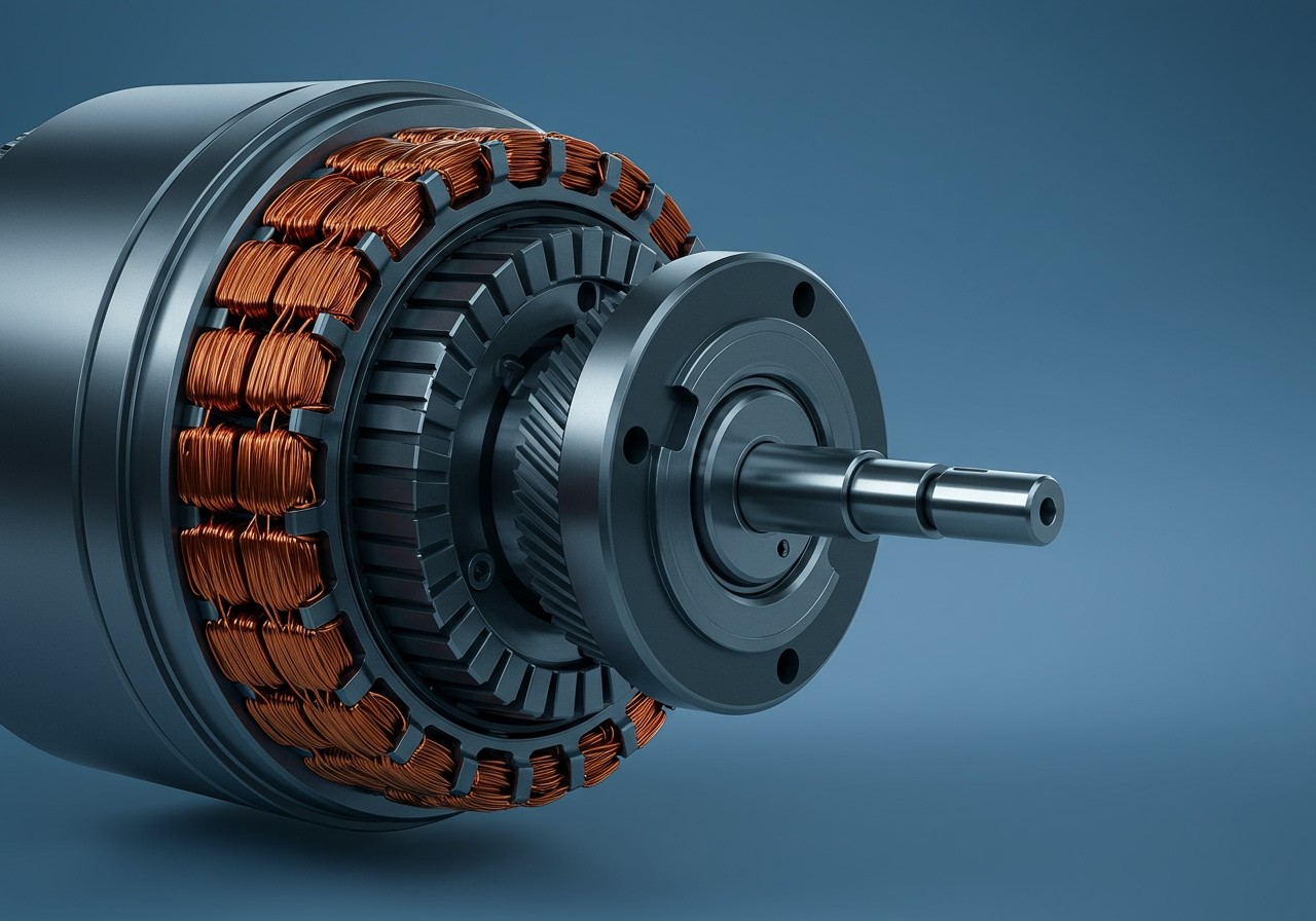 Detail elektromotora s medenými vinutím a rotorom, ktorý premieňa elektrickú energiu na pohyb.