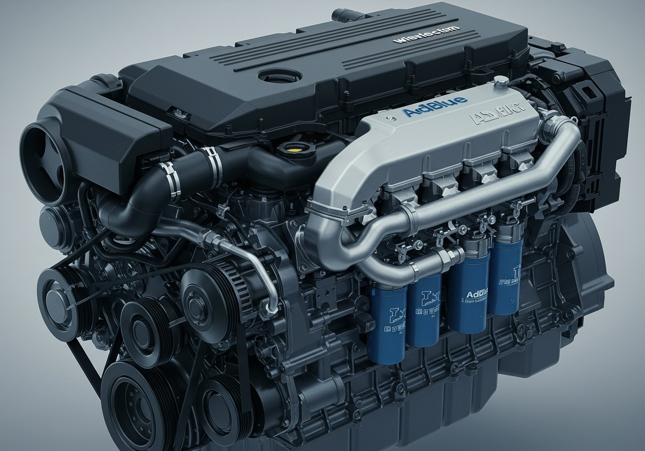 Detail dieselového motora so systémom AdBlue na zníženie emisií.