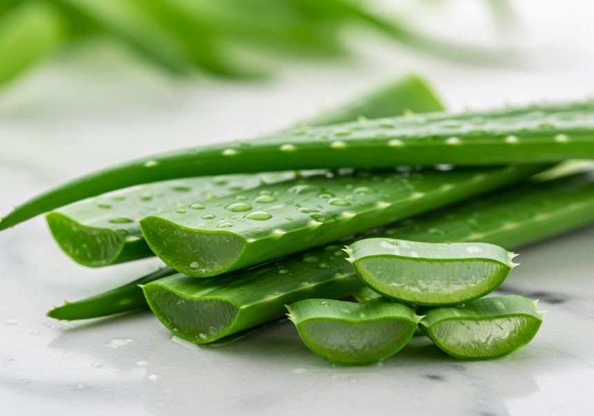 Čerstvé listy aloe vera s kvapkami vody na bielom pozadí.