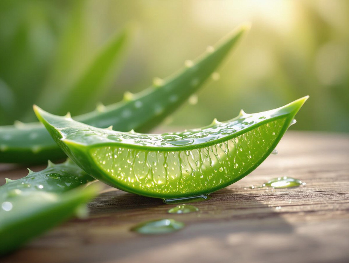 Čerstvý list aloe vera s jasne zelenou dužinou a kvapkami gélu na drevenej doske.