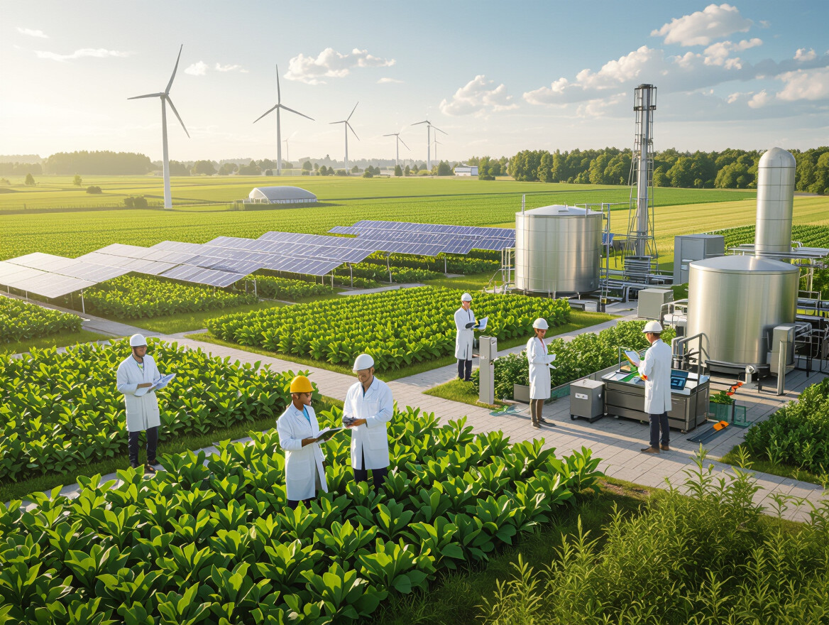 Skupina odborníkov v bielych plášťoch pracuje na biohospodárskej farme s obnoviteľnými zdrojmi energie.
