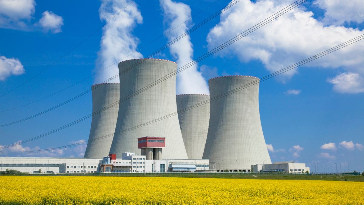 Biomasová elektráreň s chladením a žltým poľom v popredí.