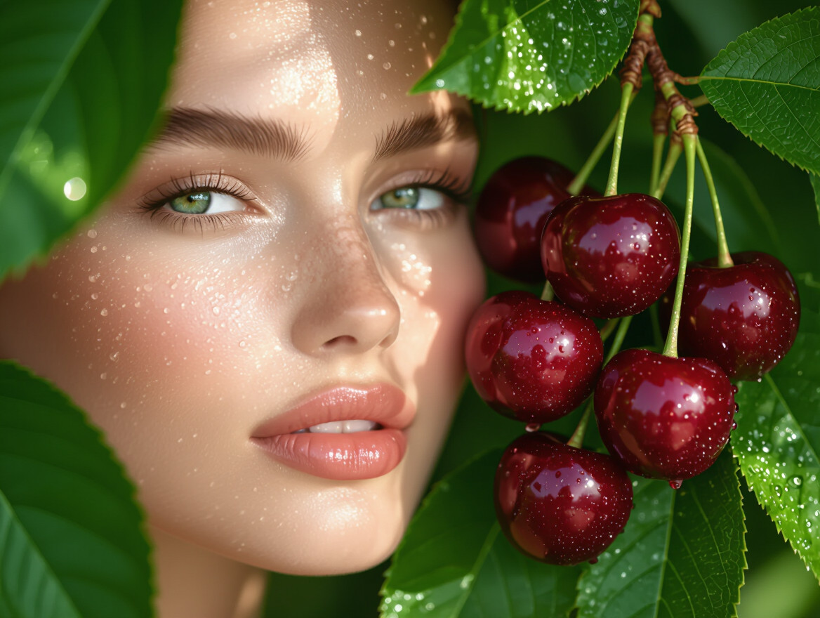 Žena s krásnou pleťou a čerešňami, ktoré sú bohaté na antioxidanty.
