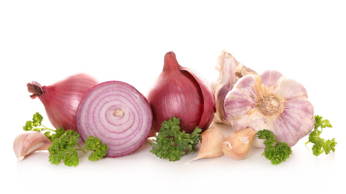 Červená cibuľa, cesnak a petržlenová vňať na bielom pozadí.