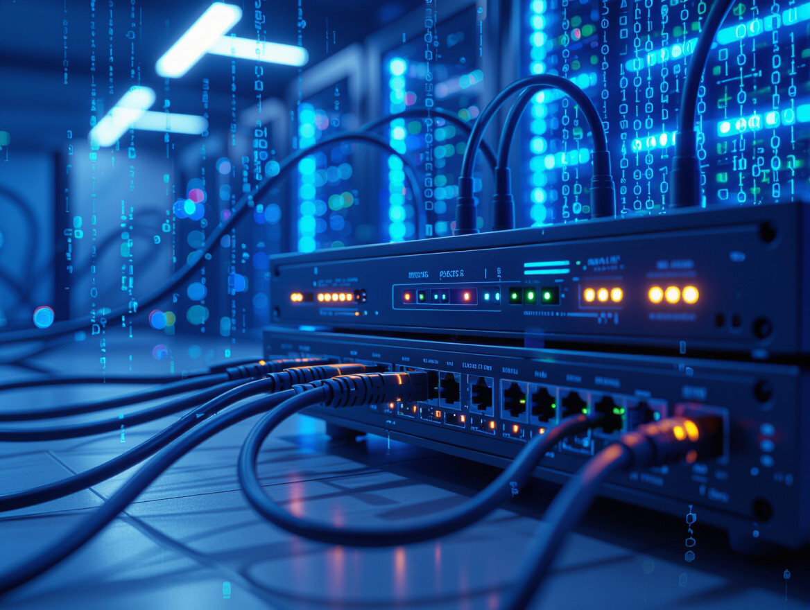 Detailný pohľad na sieťový router s pripojenými káblami a modrým osvetlením.