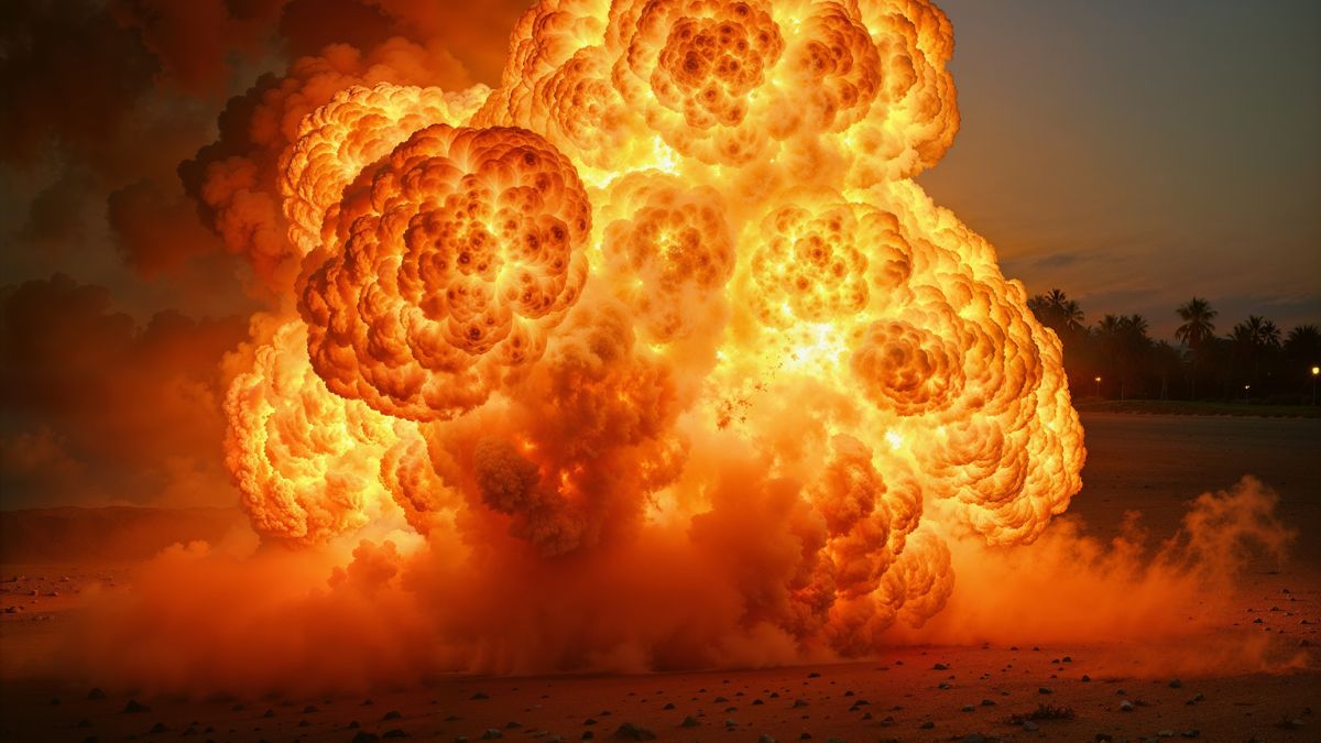 Obrovská explózia atómovej bomby, ktorá vytvára jasné plamene a dym.