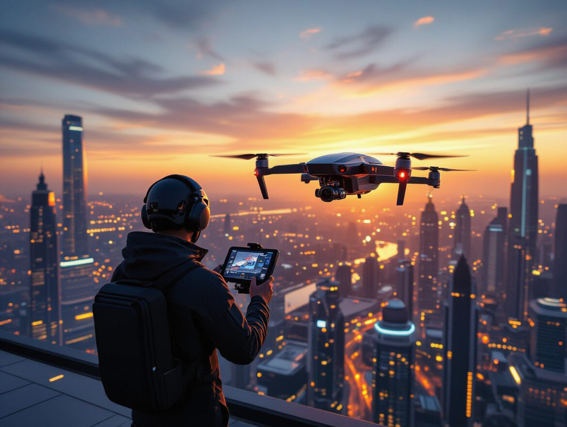 Pilot dronu ovláda zariadenie nad mestskou panorámou pri západe slnka.
