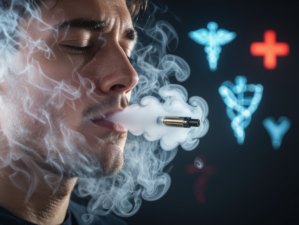 Mladý muž fajčí elektronickú cigaretu, okolo neho sa vznáša dym.