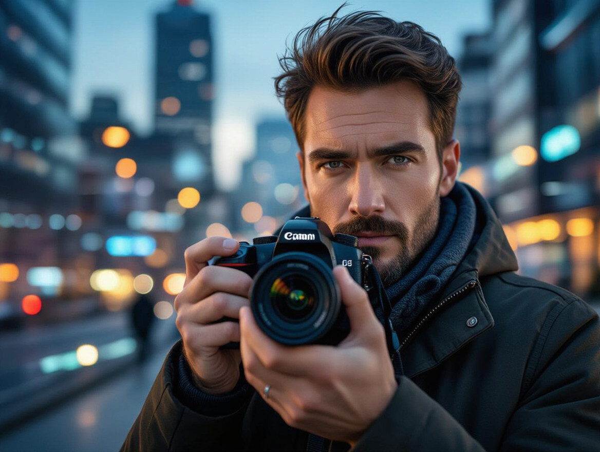 Muž s fotoaparátom v rušnej mestkej scenérii, pripravený na fotografovanie.