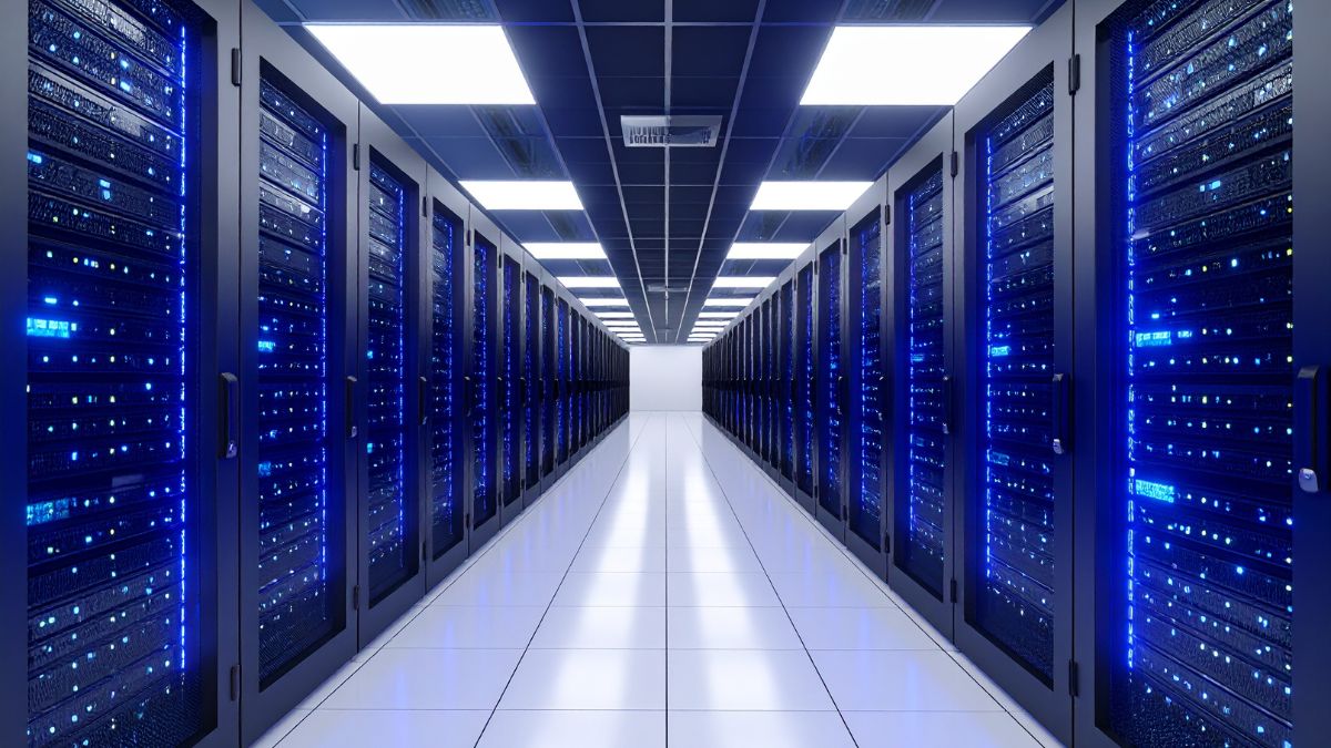 Moderná serverová miestnosť s modrými LED svetlami a usporiadanými rackmi.