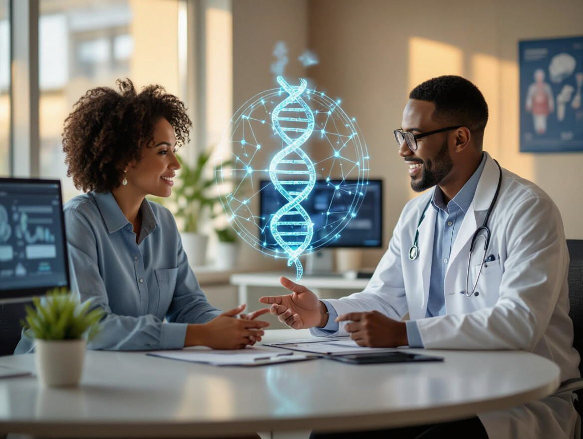 Dve osoby diskutujú o genetickom poradenstve s DNA modelom v pozadí.