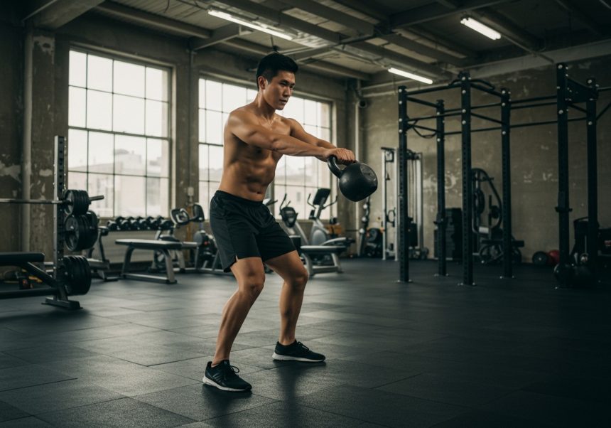 Mladý muž cvičí kettlebell swing v modernom fitness štúdiu.