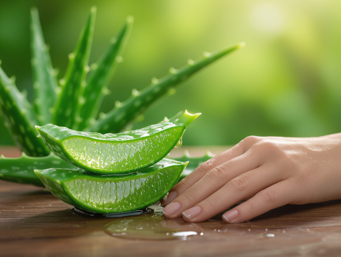 Rukou sa dotýkajú čerstvých plátkov aloe vera na drevenej doske.