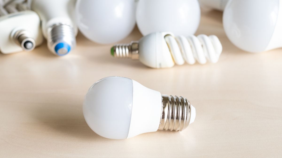 Rôzne LED žiarovky na svetlom drevenom povrchu, vrátane guľovej a spirálovej.