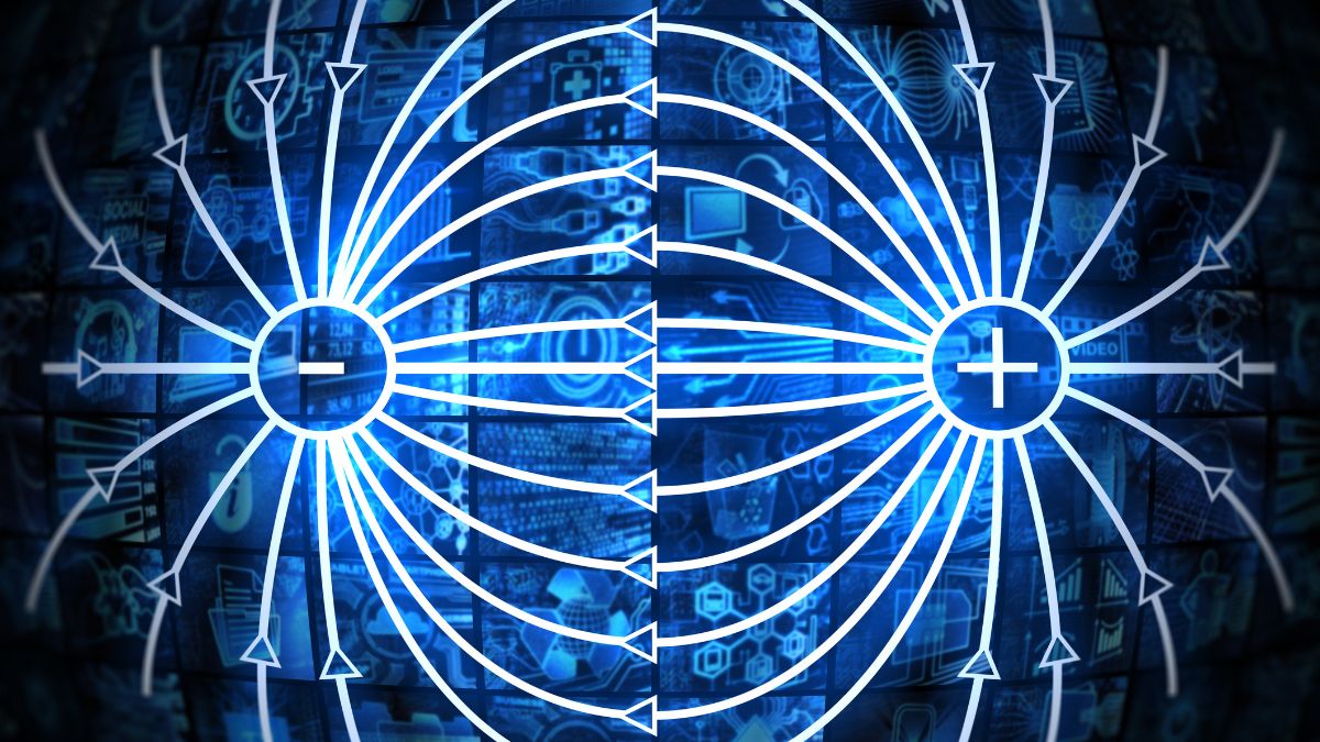 Ilustrácia magnetického poľa okolo vodiča s elektrickým prúdom, znázornená modrými čiarami.