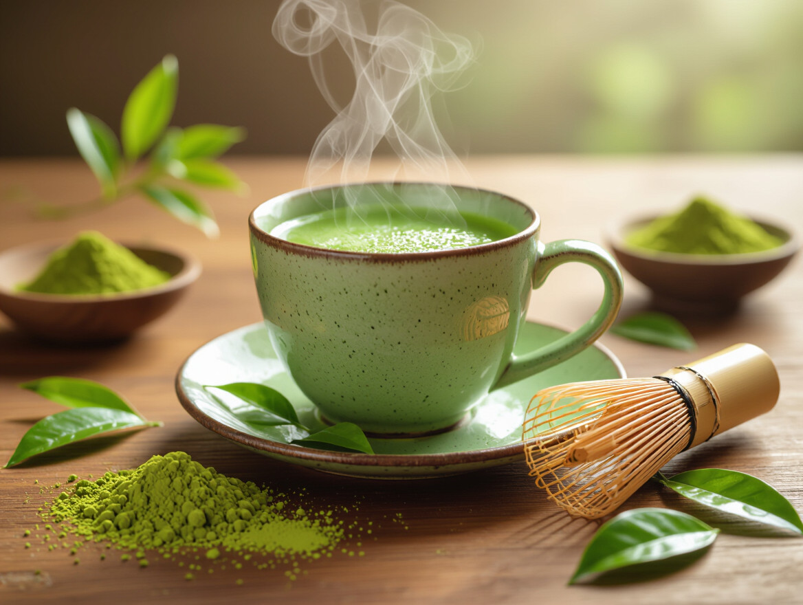 Šálka horúceho matcha čaju s parou, vedľa prášok a lístky čaju.