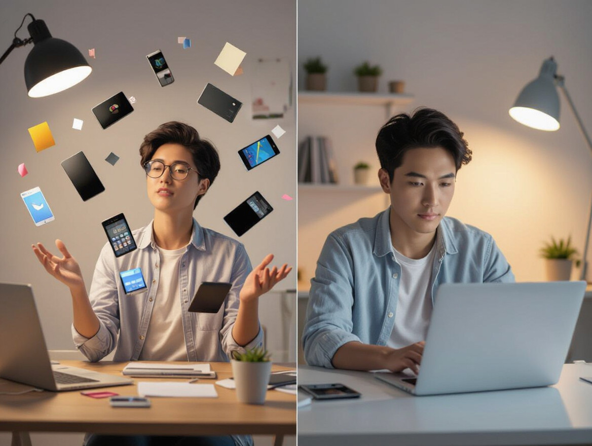 Mladý muž, ktorý sa snaží vyvážiť multitasking s hlbokou prácou, obklopený technológiou.