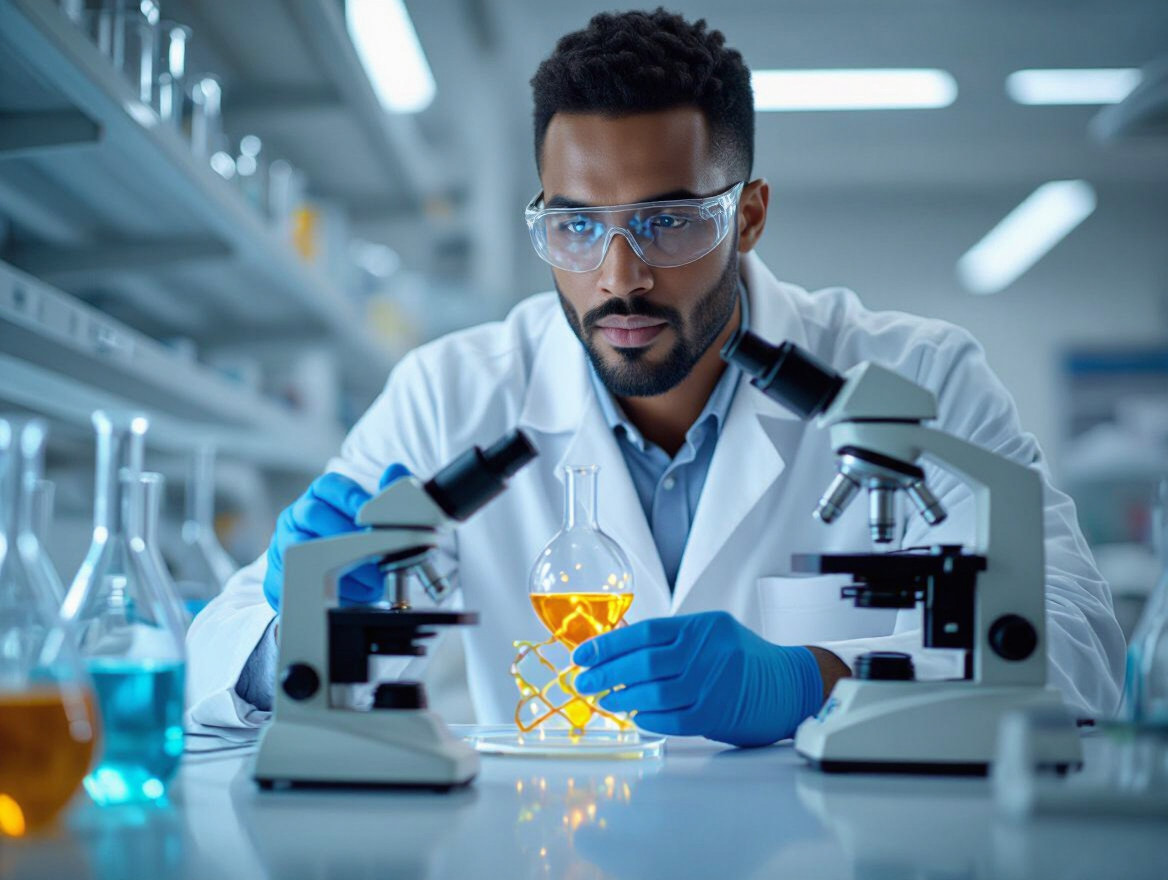 Biotechnologický výskumník analyzuje vzorky v laboratóriu.