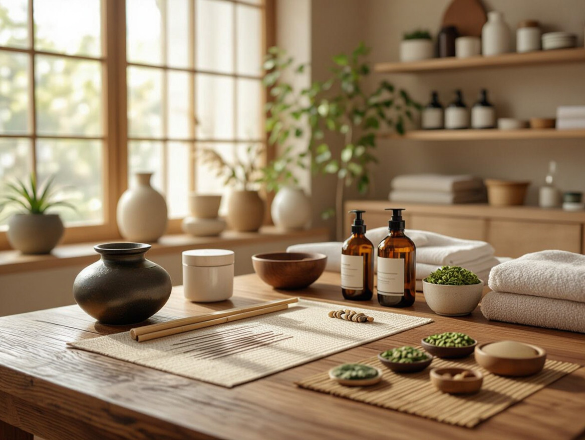 Stôl s prírodnými liečivami, bylinkami a wellness produktmi v útulnej miestnosti.