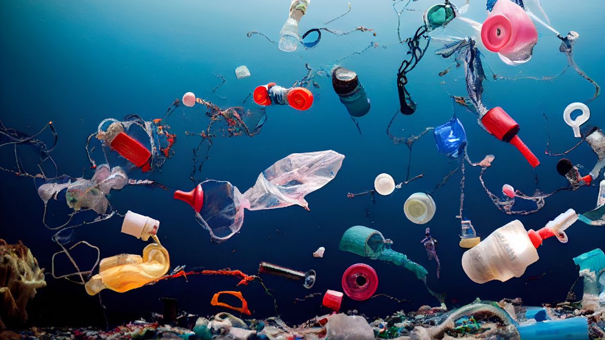 Rôzne plastové odpadky plávajúce vo vode, symbolizujúce znečistenie oceánov.