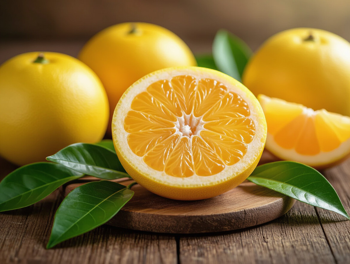 Na drevenej doske leží rozkrojené pomelo s jasne žltou dužinou a zelenými listami.