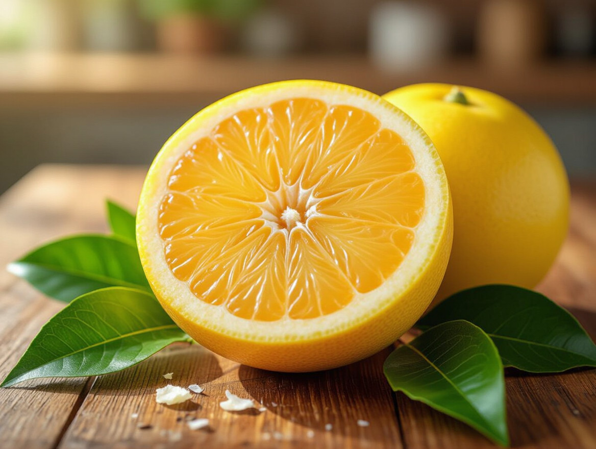 Pomelo, žlté ovocie s dužinou, leží na drevenom stole s listami.