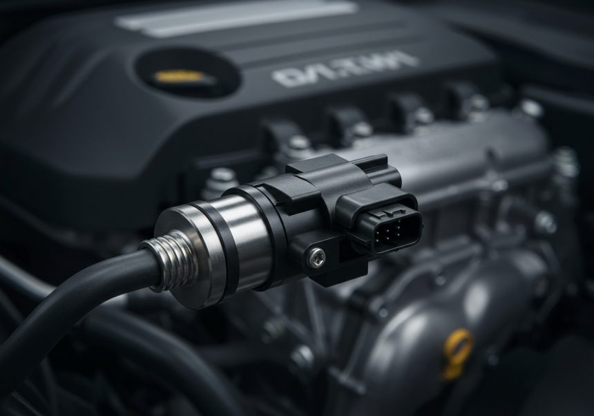 Detail snímača polohy škrtiacej klapky umiestneného na motore auta.