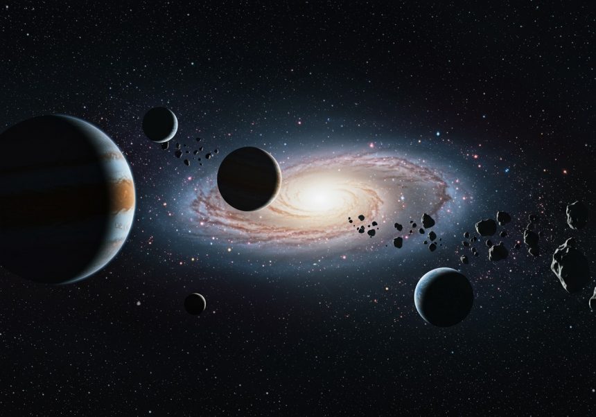 Planéty a aspoň jeden asteroid krouží okolo spirálovej galaxie v temnom vesmíre.